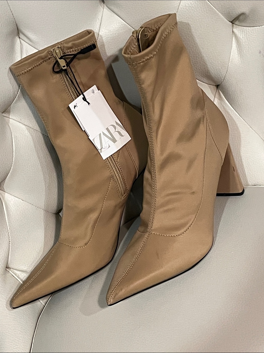 ZARA Beige Pointed Toe Block Heel Sock Ankle Boots Size 8 Eye catching
